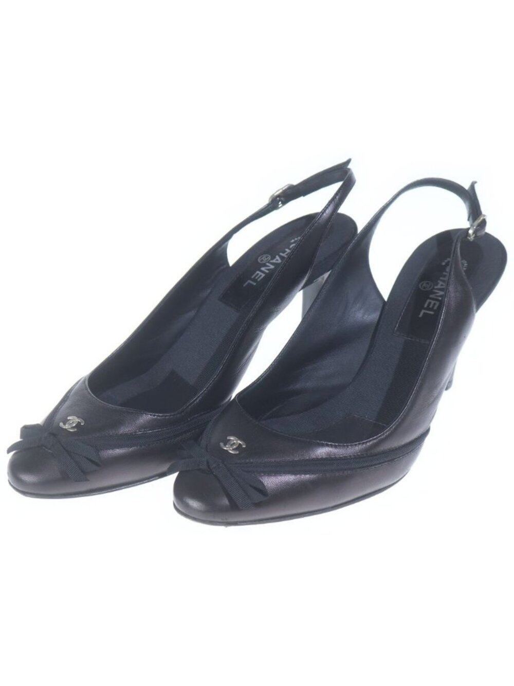 Chanel CC Logo Leather Slingback Sandals Pumps Shoes Black